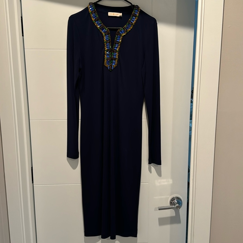 Tory Burch Navy dress with unique colored jewel collar. Size medium.